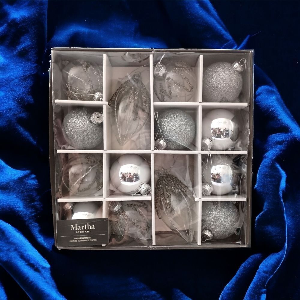 14 Martha Stewart Silver Glass Ornament Set‎ Christmas Beaded Glittery Bedford.